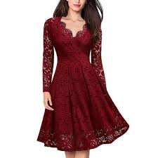 Lace V Neck Long Sleeves Swing Dress Red Wine 4i93626627 Size S Long Sleeve Swing Dress Sleeved Swing Dress Red Lace Dress