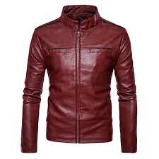 Stand Collar Edging Zip Up Faux Leather Jacket Red 3545953616 Size S Leather Jacket New Mens Fashion Faux Leather Jackets
