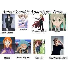 Anime Zombie Apocalypse Team This Is Perfect Except I Would Have Made The Speed Fighter Yoruichi Anime Zombie Zombie Apocalypse Team Anime Funny