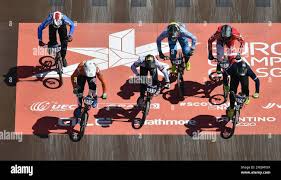 Matej Bohuslavek, Mitchel Schotman, Stefan Heil, Belgian BMX cyclist Ruben  Gommers, Andreas Wohlk and Quentin Derom pictured in action during the  men's BMX heats event at the European Championships, in Glasgow, Scotland,