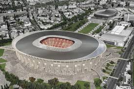 Three tiers and red seats: Rendering Of New Puskas Ferenc Stadium In Budapest Image Via Budapesttimes Hu Stadium Architecture Stadium Stadium Design
