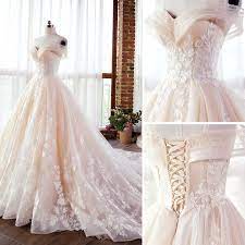 Elegant Champagne Wedding Dresses 2018 Ball Gown Lace Appliques Pearl Off The Shoulder Backles Pakaian Pernikahan Gaun Pengantin Sederhana Gaun Pengantin Putri