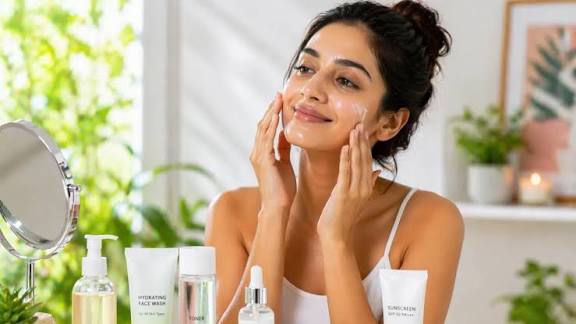 Skincare bottles and facial care products representing niacinamide serums and moisturisers