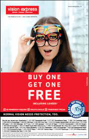 Vision Express Buy One Get One Free Including Lenses Ad Times Of India Mumbai Check Out More Apparel Accessories Advertise Vision Express Get One Visions