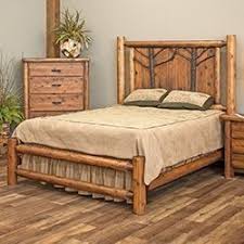 A rustic bed with pallet wood headboard. Rustic Log Bedroom Furniture Including Log Bed Sets Rustic Dressers Armoires Mirrors Other Rustic Decor