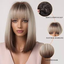 Esmee Blonde Ombre Brown Bob Wigs for Women Cosplay Wig with Bangs Dark  Roots Gray Natural Hair Synthetic Wig Daily Party Cosplay Use-14 Inches :  ...