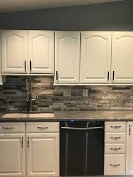 Grey Stack Stone Backsplash Stacked Stone Backsplash Stone Backsplash Backsplash Kitchen White Cabinets