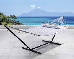 The inner has polyester padding, and the head pillow has polyethylene stuffing. Suncreat 2 Person Double Hammock With 12 Foot Steel Stand Includes Quilted Fabric Bed And Pillow Blue Aqua Patio Furniture Accessories Helioservice Patio Lawn Garden