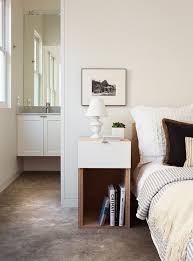 Narrow Bedside Table Bedroom Transitional With Bed Bedding Concrete Floor Guest Small Bedroom Furniture Bedroom Night Stands Apartment Bedroom Decor