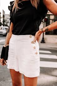 Black And White Shorts Outfit Fashion Jackson Wearing Black Ruffle Sleeve Tank White High Waisted Button Sailor Shorts In 2020 Shorts Outfits Women White Shorts Outfit Dressy White Shorts