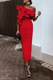 Looking for 2021 wedding guest outfit ideas? Wave Point Ruffles One Shouldered Elegant Bodycon Dress Elegant Bodycon Dress Long Red Dress Guest Dresses
