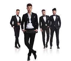Group Of Four Men In Tuxedos One Having Open Collar Stock Image Image Of Crossed Friends 125240591