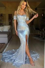 Gorgeous Sparkly Silver Off The Shoulder Long Prom Dresses Evening Dresses Z1507 Prom Dresses With Sleeves Sequin Prom Dresses Split Prom Dresses