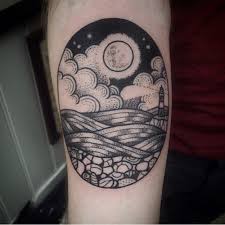 Since the tattoo is blue colored it gave rise to the term blue vampyre and later red vampyre for the red tattoo. Nice Black Ink Forearm Tattoo Of Light House With Night Sky Tattoo Tattooimages Biz
