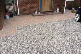 A garage door is concealed with flush hardwood cladding. Block Paving And Loose Stone Gravel Driveways