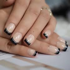 Since acrylic nails are a combination of liquid monomer and powder polymer when applied to your nails and exposed to the air, they form a hard layer, so you're guaranteed to have cute and strong nails. Double Line Natural French Fake Nails Short Medium Black Square Beige Acrylic Nail Tips With Gluetabs 24 Count False Nails Aliexpress