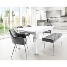 Classic dining chair design is refreshed with glamorous golden legs. Vivienne White Extendable High Gloss Dining Table With 4 Grey Velvet Dining Chairs 1 Bench Buyitdirect Ie