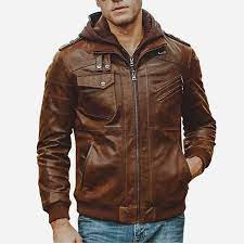 Men S Brown Motorcycle Bomber Leather Jacket With Removable Hood Brown Leather Motorcycle Jacket Leather Jacket Men Leather Jacket