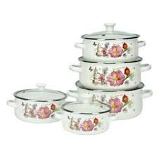 Surprise the family with breakfast made in enameled pots and pans. 10 Pc Enamel Cookware Set Casserole Pots Lid Soup Stockpot Flowers White Pan Red Ebay