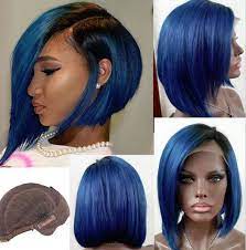 High Heat Synthetic Remy Human Feel Ombre Dip Dye Lace Front Lacefront Bob Asymmetrical Wig Royal Blue 14 16 18 20 Ombre Wigs Lace Front Wigs Wig Hairstyles