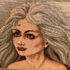 Vintage 70 Cross Stitch Needlepoint Framed Ocean Goddess Picture Painting  needle Art & Decals