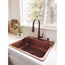 Easy to care for, each sink is a one of a kind! Sinkology Rosa All In One Drop In Copper 25 In 3 Hole Single Bowl Copper Kitchen Sink With Pfister Bronze Faucet And Drain Sk102 3 F529 B The Home Depot