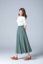 Green Skirt Linen Skirt Full Skirt Casual Skirt Button Etsy Womens Skirt Outfits Full Skirt Outfit Linen Skirt