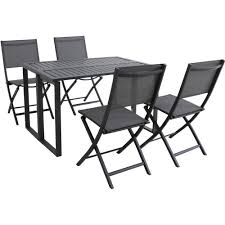 For ease of decorating, these tables can be purchased as a part of any patio. Hanover Conrad Gray 5 Piece Aluminum Outdoor Dining Set With 4 Folding Sling Chairs And Convertible Slatted Table Condn5pcfd Gry The Home Depot