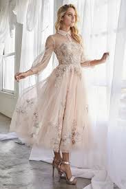 Long Sleeves Embroidered Tulle Tea Length Gown Blush Duchesa Andrea Leo A0862 Blush In 2020 Floral Cocktail Dress Cocktail Dresses With Sleeves Tea Length Dresses