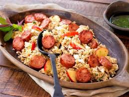 Learn how to make your own chicken apple sausage! Chicken Apple Sausage With Brown Rice Apples And Feta Cheese Gourmet Sausage Smoked Sausage Recipes Sausage Recipes
