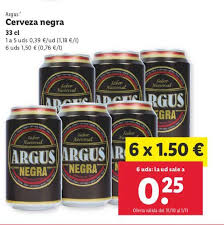 El coste de una lata de 33 cl. Oferta 6x1 50 Argus Cerveza Negra 33 Cl En Lidl