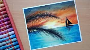 Another sunset beach sunsettropical murals. Beach Sunset Scenery Drawing Easy With Oil Pastel For Beginners Youtube