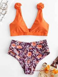 2019 Bikini Modelleri Turuncu Askili V Yaka Alti Desenli Yuksel Belli Kiyafet Kombinleri Bikini Modelleri Bikini Bikini Mayo