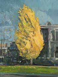 Shaun Tan Yellow Tree On A Windy Day Parkville Oil 20 X 15cm Landscape Artwork Shaun Tan Landscape Paintings