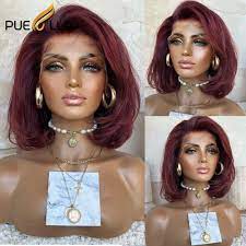 Burgundy Red Natural Wave Pixie Cut Human Hair 13x4 Lace Frot Wigs  Preplucked | eBay
