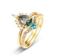Fine Jewelry Vintage Genuine Gemstone 925 Sterling Silver Green Blue Nano  Ring Pear Shaped Moss Agate Ring Set