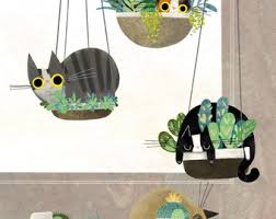 Four Cats Hanging Plants Print