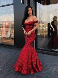2019 Mermaid Sparkly Sequined Evening Dresses Off The Shoulder Floor Length Prom Dresses Red Prom Dress Red Wedding Dresses Floor Length Prom Dresses