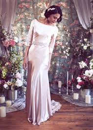 Silk Satin Bateau With Low V Back Sleeves 1930 S Art Deco Bias Gown Train The Ingrid Gown B Wedding Dresses Satin Silk Wedding Dress Wedding Dresses Lace