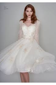 Rita Tea Length Vintage Inspired Short Gold Wedding Dress With Sleeves Short Bridal Dress Vintage Wedding Suits Wedding Dresses