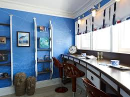 Remember that shelf you put up? Beach Themed Office With Beach Style Home Office And Blue And White Boat Theme Room Bright Blue Walls Nautical Theme Roman Shades Wall Mural Finefurnished Com