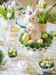 Bring the freshness of spring to your table by arranging blooms of tulips, star of bethlehem and maidenhair ferns into white vases like milk glass or easter rabbit vases on coordinating cake. Throw An Easter Dinner Party Hgtv