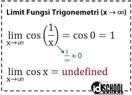 Dalam menyelesaikan limit fungsi baik itu limit fungsi aljabar, trigonometri atau limit menuju tak hingga, langkah awalnya adalah substitusi langsung. Limit X Menuju Tak Hingga Fungsi Trigonometri Idschool