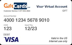 It is a debit card that doesn't exist in a material form and is designed especially for online purchases. Visa Virtual Account Gift Cards Giftcards Com