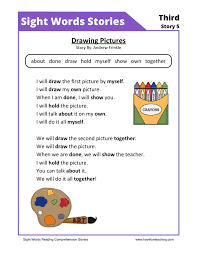 Over 100 free children's stories followed by comprehension exercises, as well as worksheets focused on specific comprehension topics (main idea, sequencing, etc). Sight Words Reading Comprehension Worksheets