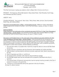 REGULAR MEETING OF THE PLAN COMMISSION CITY OF HUDSON Tuesday, June 4, 2019