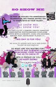 These concerts, part of bts's muster, were a celebration of bts's eighth anniversary, a tradition they observe with their army and typically, musters are different from their tour shows. Bts Tunisia ë°©íƒ„ì†Œë…„ë‹¨ Tunis Tunisia Performing Arts Fan Page Facebook