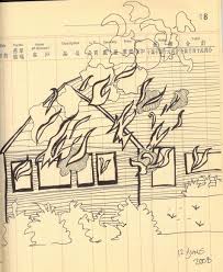 In this allegorical triptych, prosaic objects become strangely treacherous: House On Fire Unfinished Line Drawing Mame Mccutchin Line Drawing Drawings Male Sketch