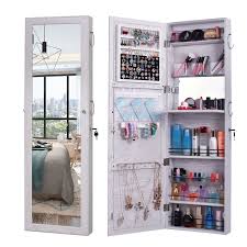 Zimtown Lockable Wall Mount Mirrored Jewelry Cabinet Armoire Organizer Storage Box White Walmart Com Wall Mounted Jewelry Armoire Mirror Cabinets Jewelry Mirror