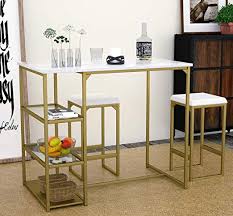 Amazon Com Modern 3 Piece Counter Dining Table Set With 2 Bar Stools And Metal Frame And Shelf Storage Brass Kitchen Bar Table Pub Table Sets Bar Table Sets